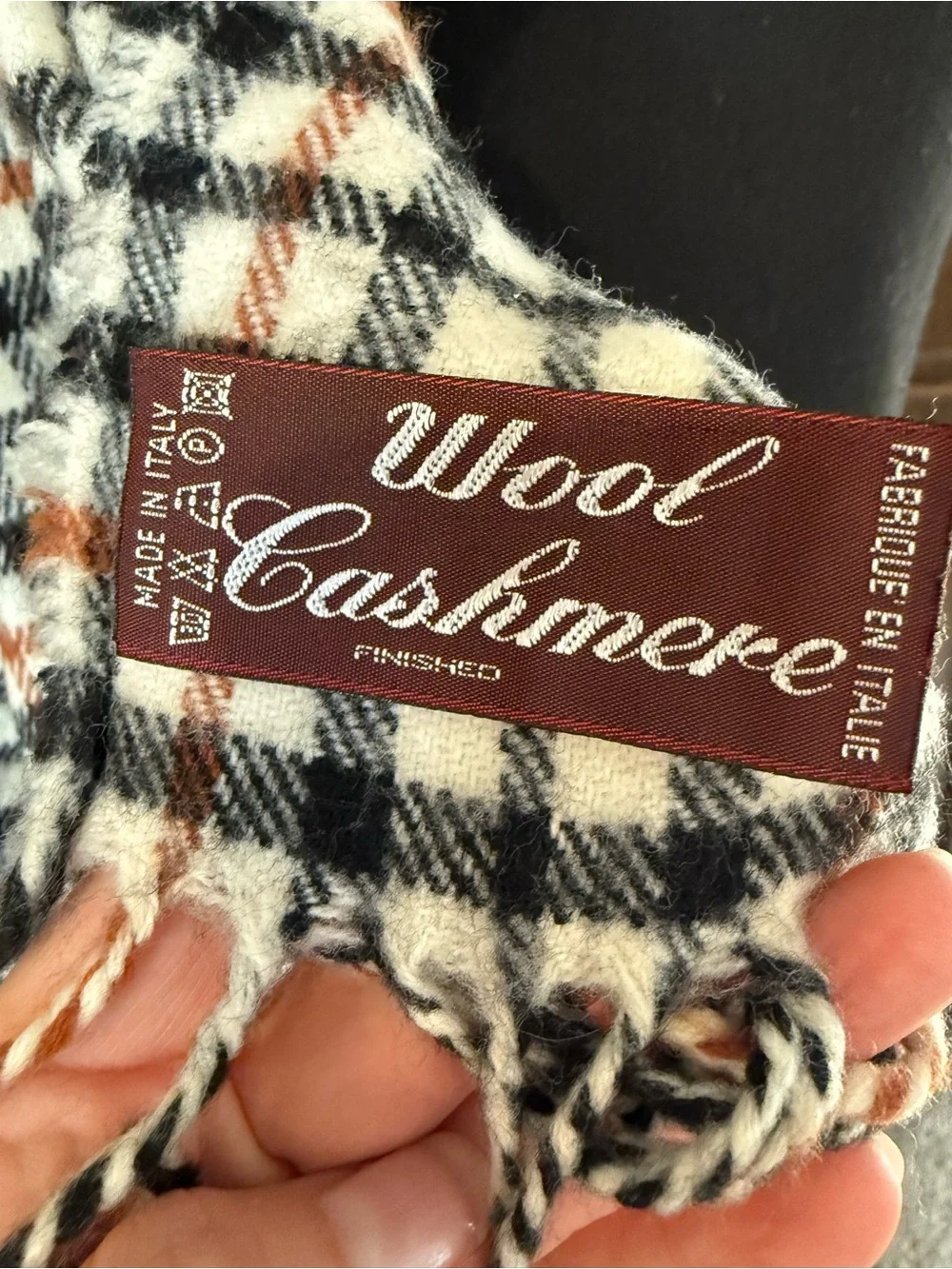 Cream Plaid Fringe Scarf with Black and Rust Check Wool Cashmere